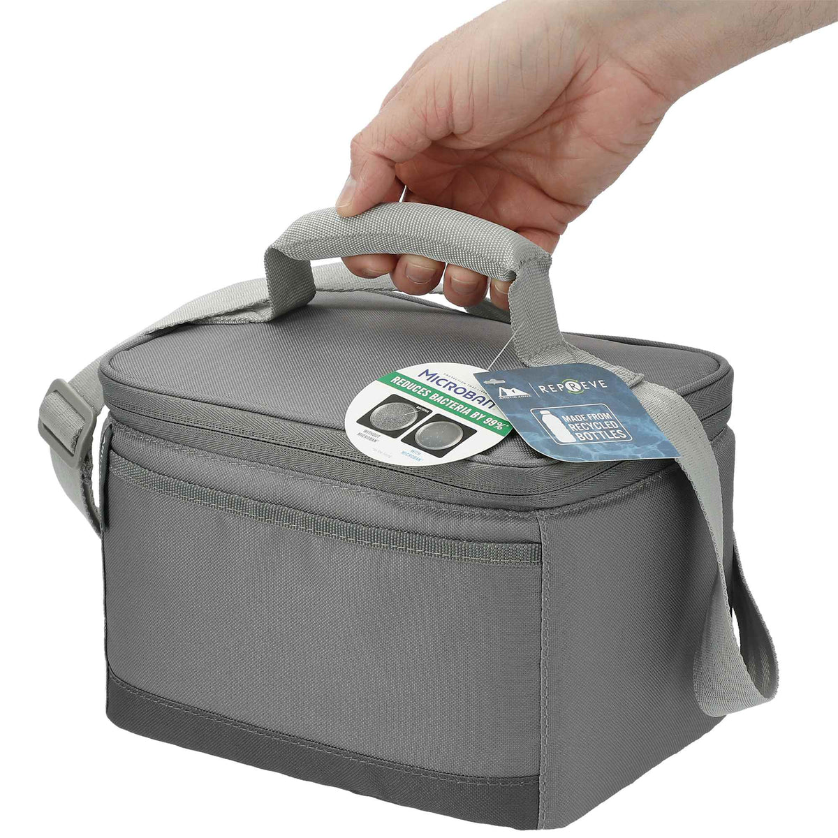 Arctic Zone Recycled Lunch Cooler with Shoulder Strap, 6 Cans Transfer - Gray - Left Angle