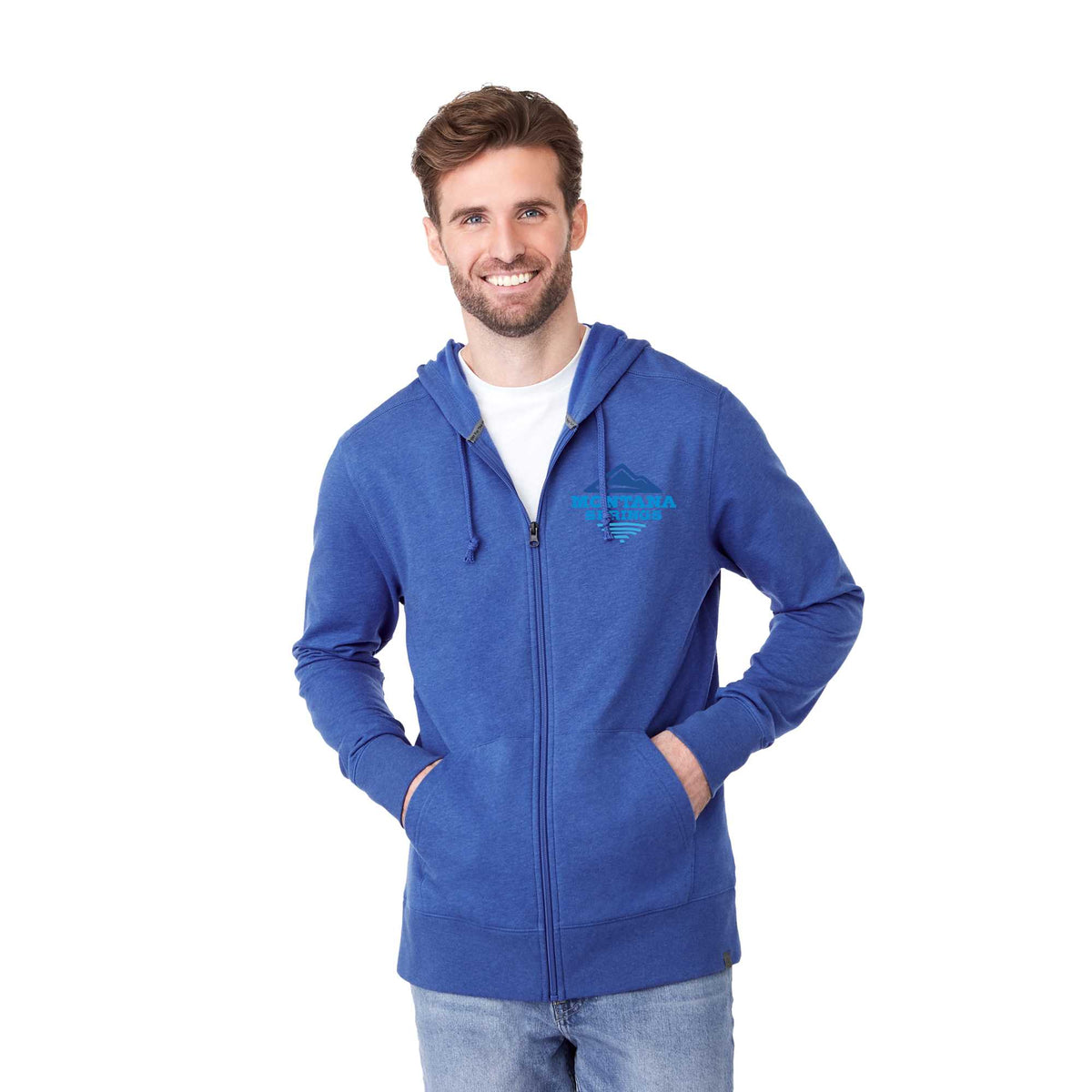 Argus Eco Fleece Full Zip Hoodie for Men Embroidery - New Royal Heather - Front On Model 2