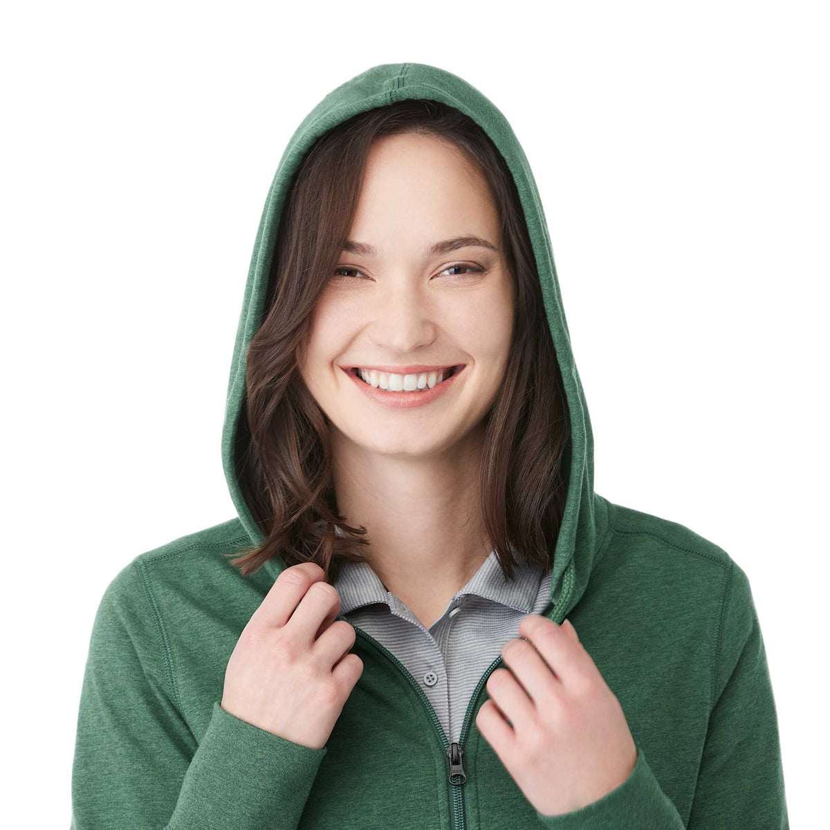 Argus Eco Fleece Full Zip Hoodie for Women Embroidery - Juniper Heather - Front On Model 2
