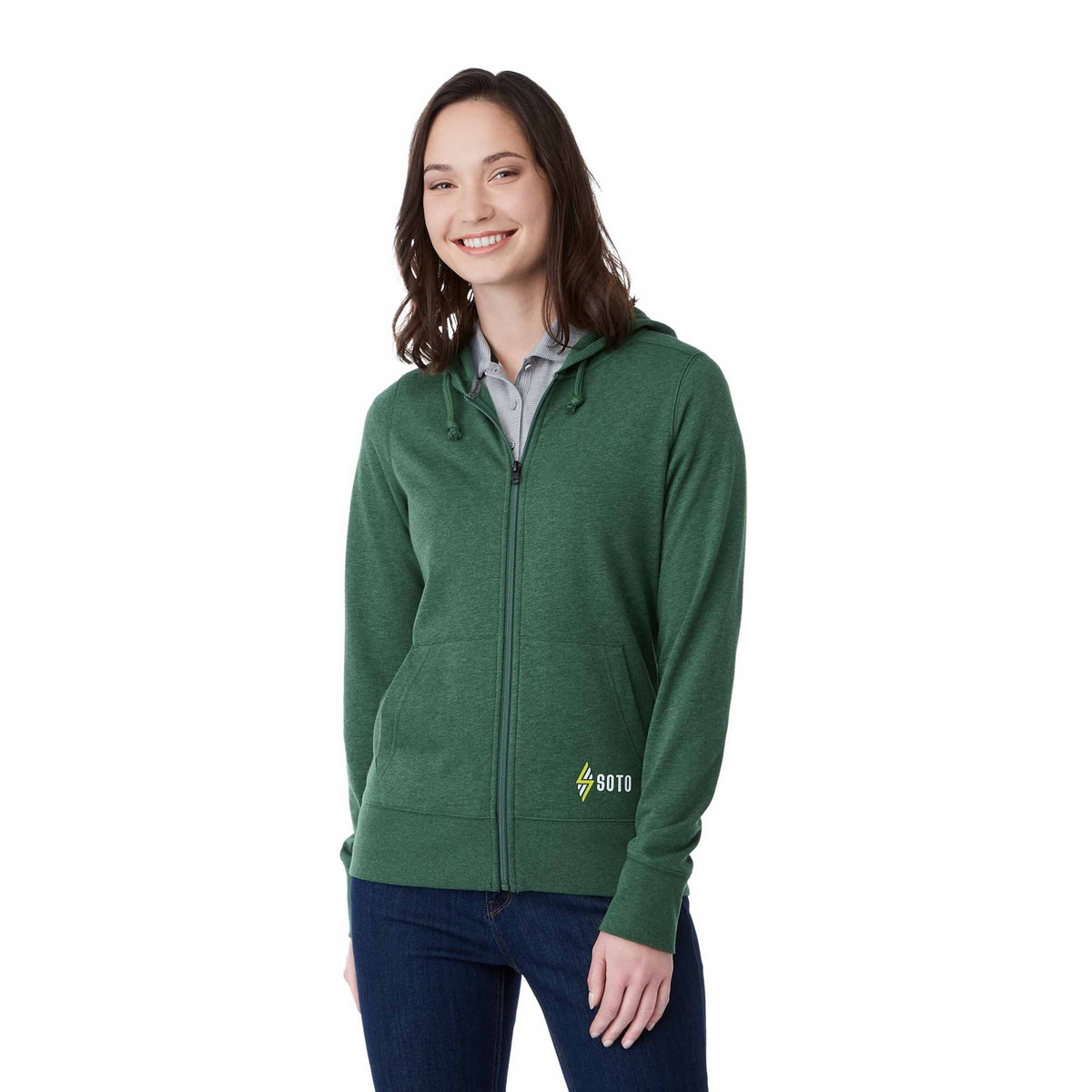 Argus Eco Fleece Full Zip Hoodie for Women Embroidery - Juniper Heather - Left Angle On Model