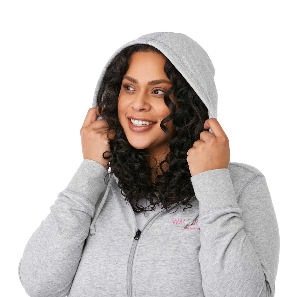 Argus Eco Fleece Full Zip Hoodie for Women Transfer - Heather Grey - Left Angle On Model 2