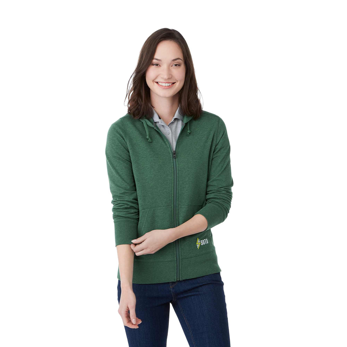 Argus Eco Fleece Full Zip Hoodie for Women Transfer - Juniper Heather - Front On Model