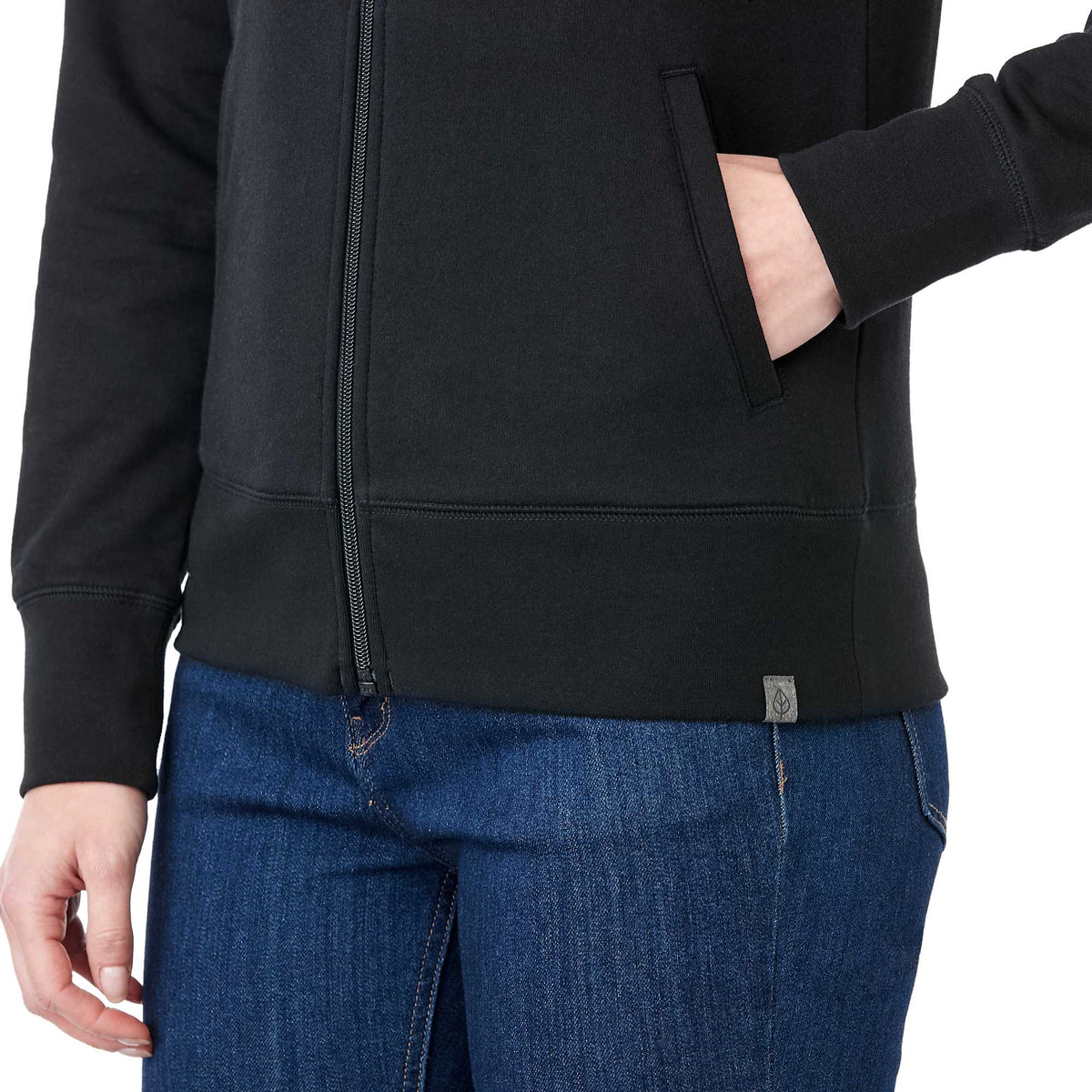 Argus Eco Fleece Full Zip Jacket for Women Transfer - Black - Left Angle On Model Pocket