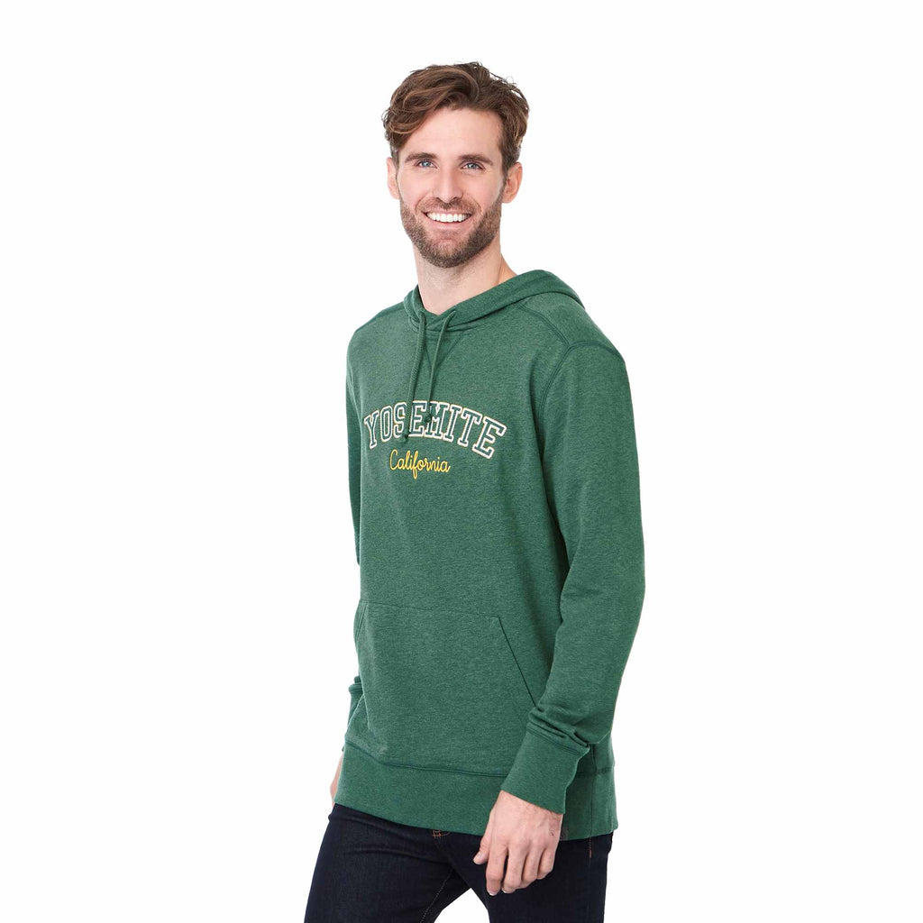 Argus Eco Fleece Pullover Hoodie for Men Transfer - Juniper Heather - Left Angle On Model