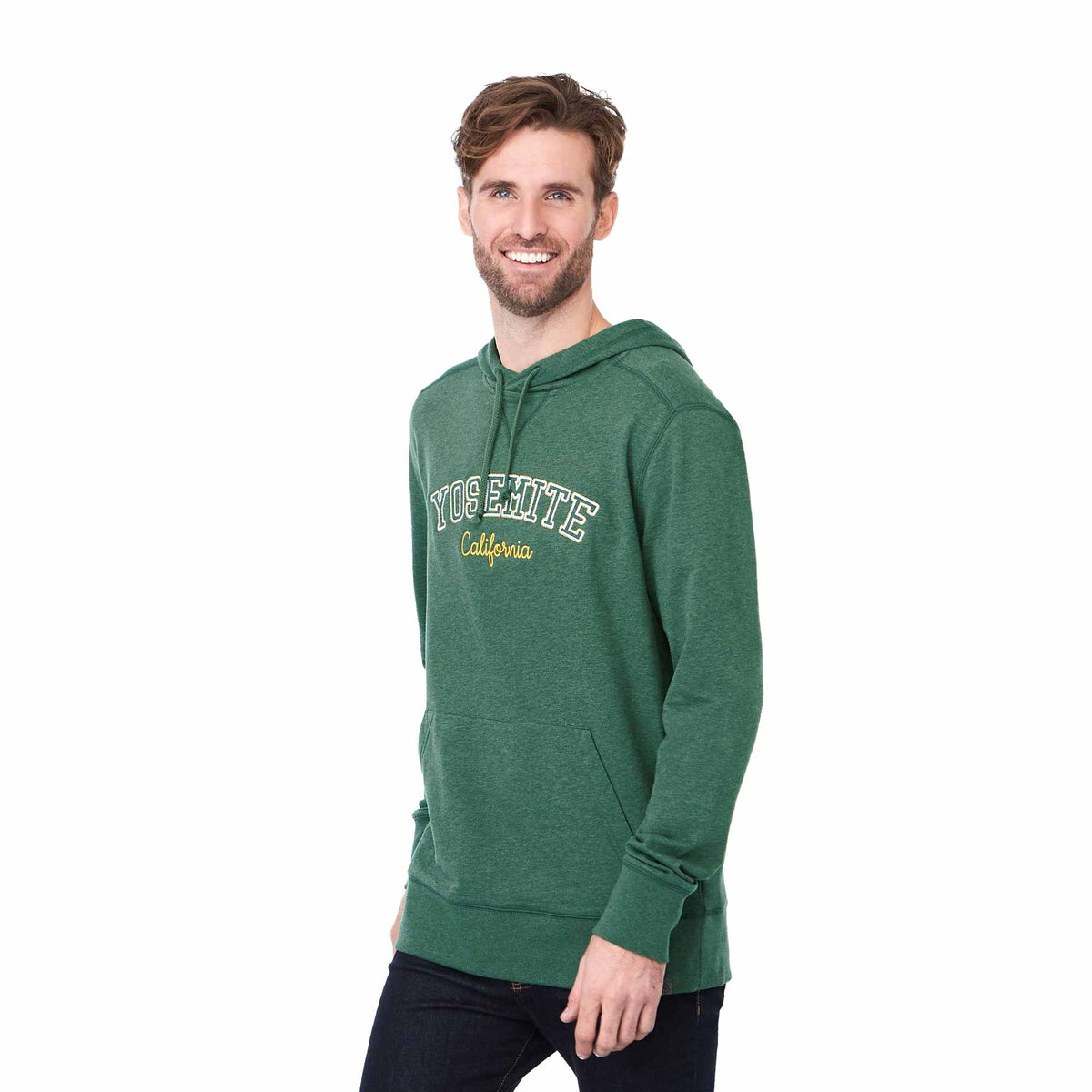 Argus Eco Fleece Pullover Hoodie for Men Transfer - Juniper Heather - Left Angle On Model