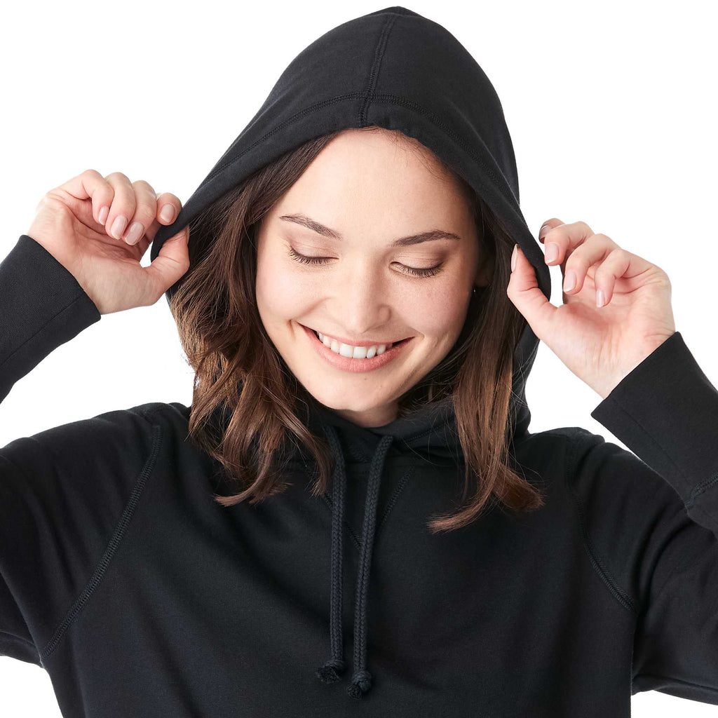 Argus Eco Fleece Pullover Hoodie for Women Embroidery - Black - Front On Model Hood