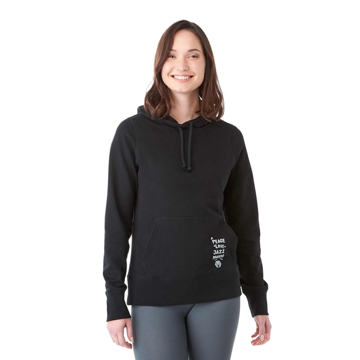 Argus Eco Fleece Pullover Hoodie for Women Transfer - Black - Front On Model