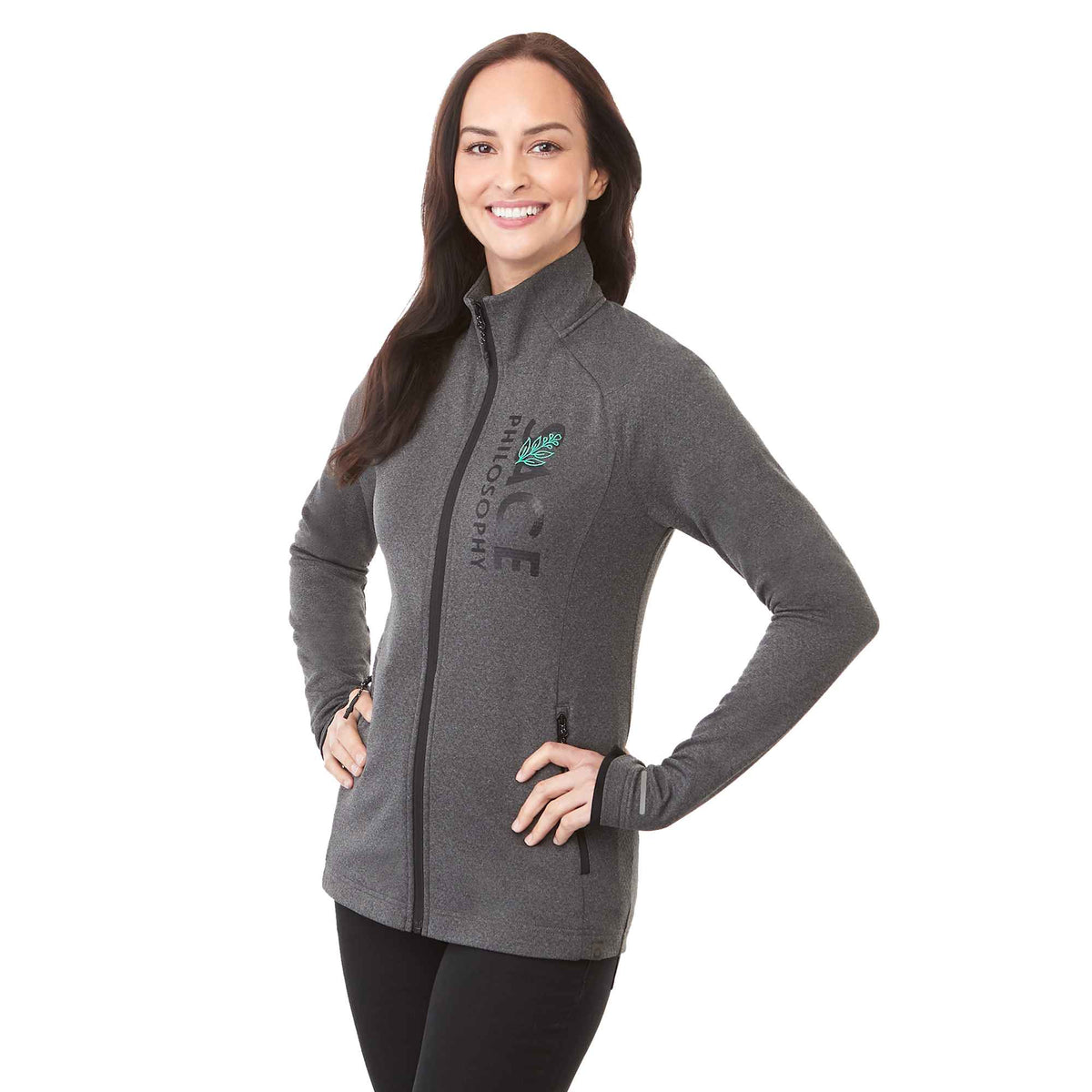 Asgard Eco Knit Full Zip Jacket for Women Transfer - Heather Dark Charcoal - Left Angle On Model 2