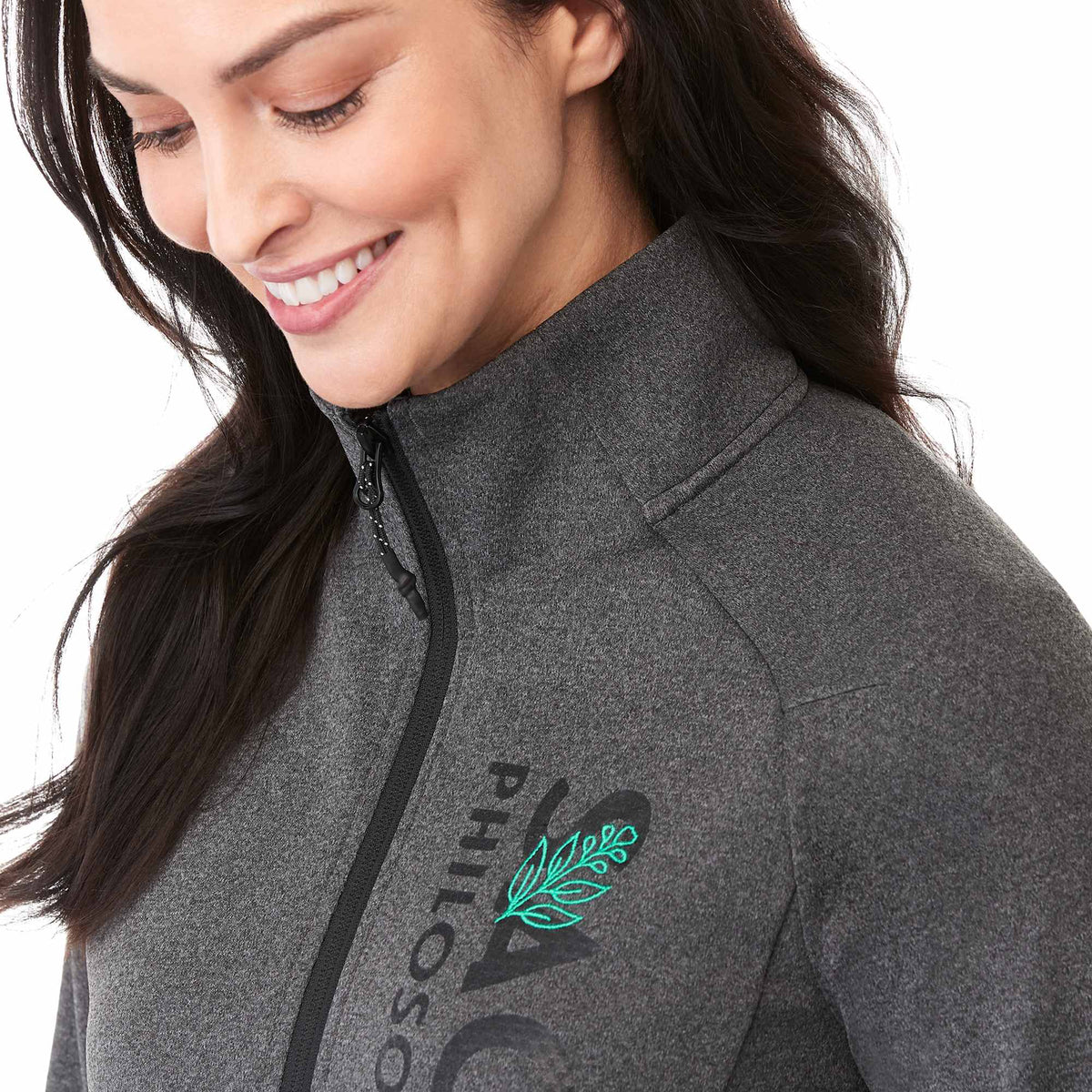 Asgard Eco Knit Full Zip Jacket for Women Transfer - Heather Dark Charcoal - Left Angle On Model