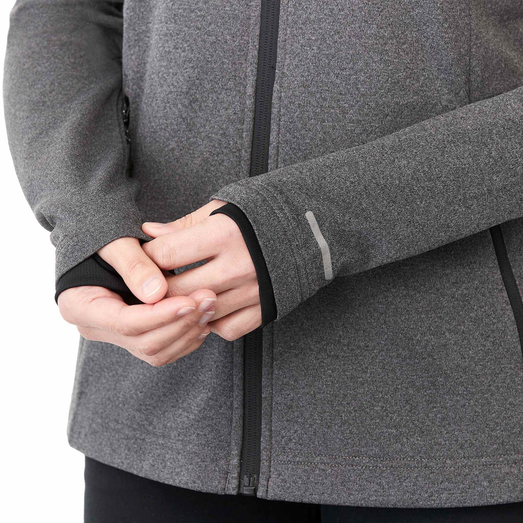 Asgard Eco Knit Full Zip Jacket for Women Transfer - Heather Dark Charcoal - Right Angle On Model Detail