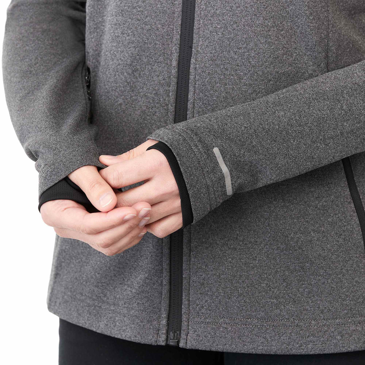 Asgard Eco Knit Full Zip Jacket for Women Transfer - Heather Dark Charcoal - Right Angle On Model Detail