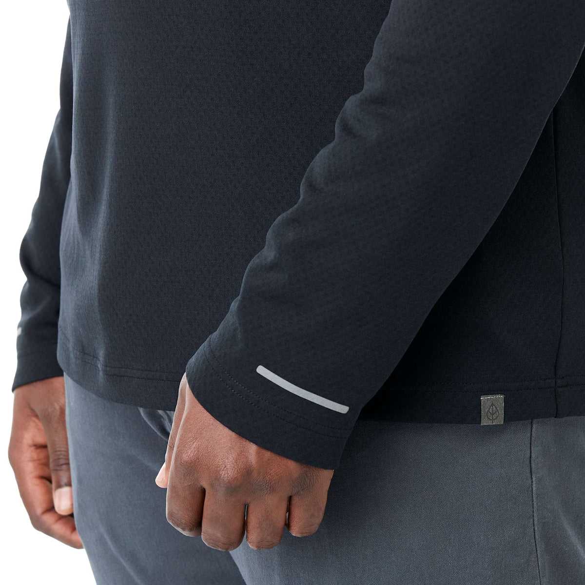 Asgard Eco Knit Quarter Zip for Men Laser Engraving - Black - Left Angle On Model Hem