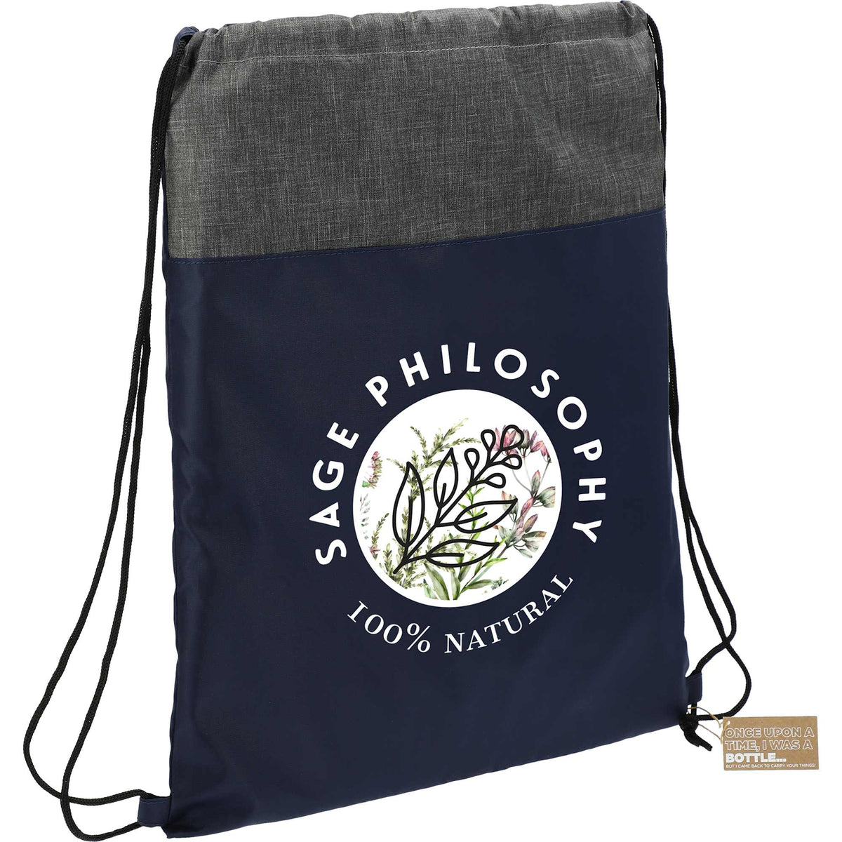 Ash Color Block Recycled Drawstring Bag Transfer - Navy - Angled