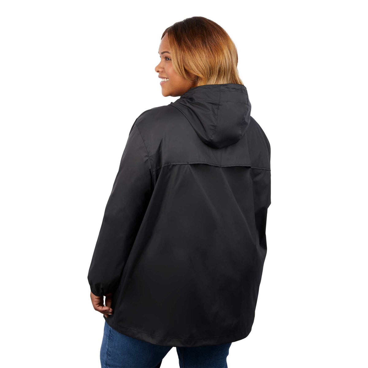 Avas Packable Quarter Zip Anorak in Recycled Nylon, Unisex Debossing - Black - Back On Model