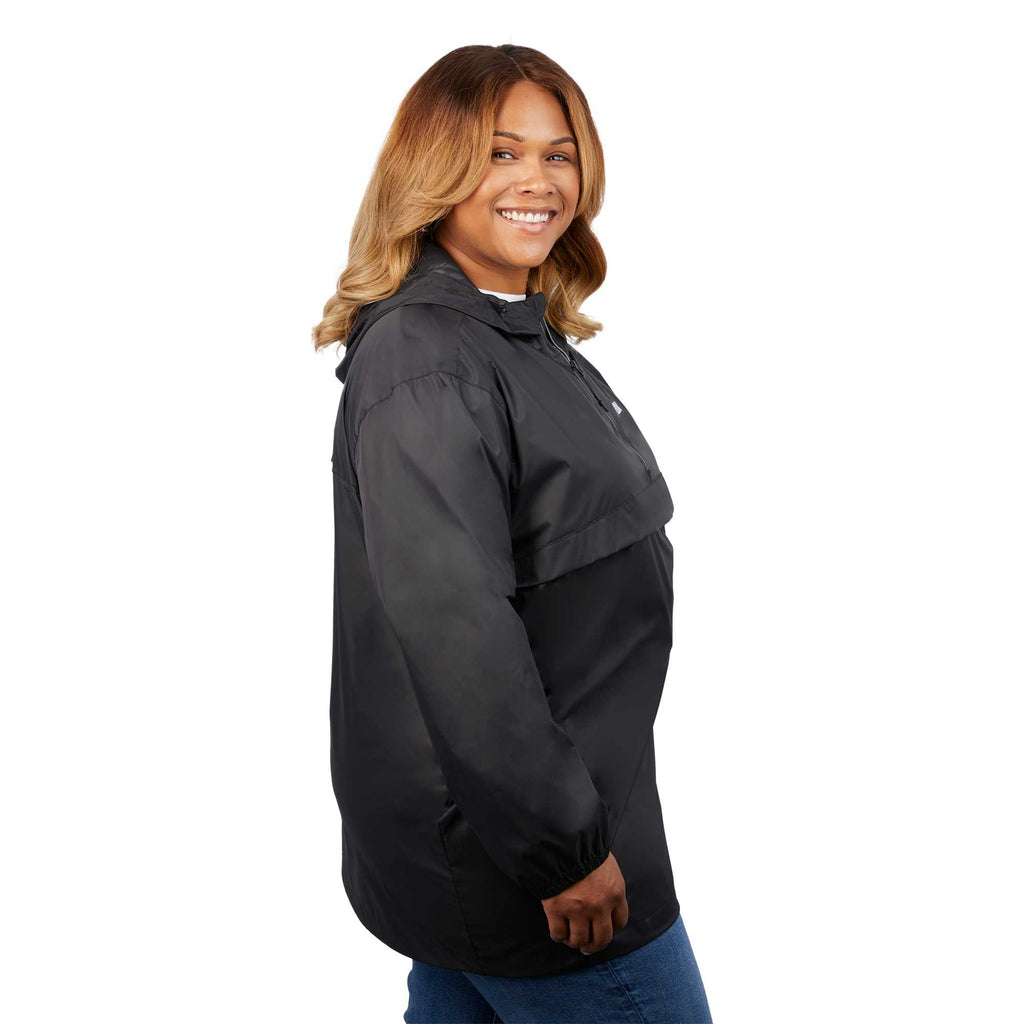 Avas Packable Quarter Zip Anorak in Recycled Nylon, Unisex Debossing - Black - Right Side On Model