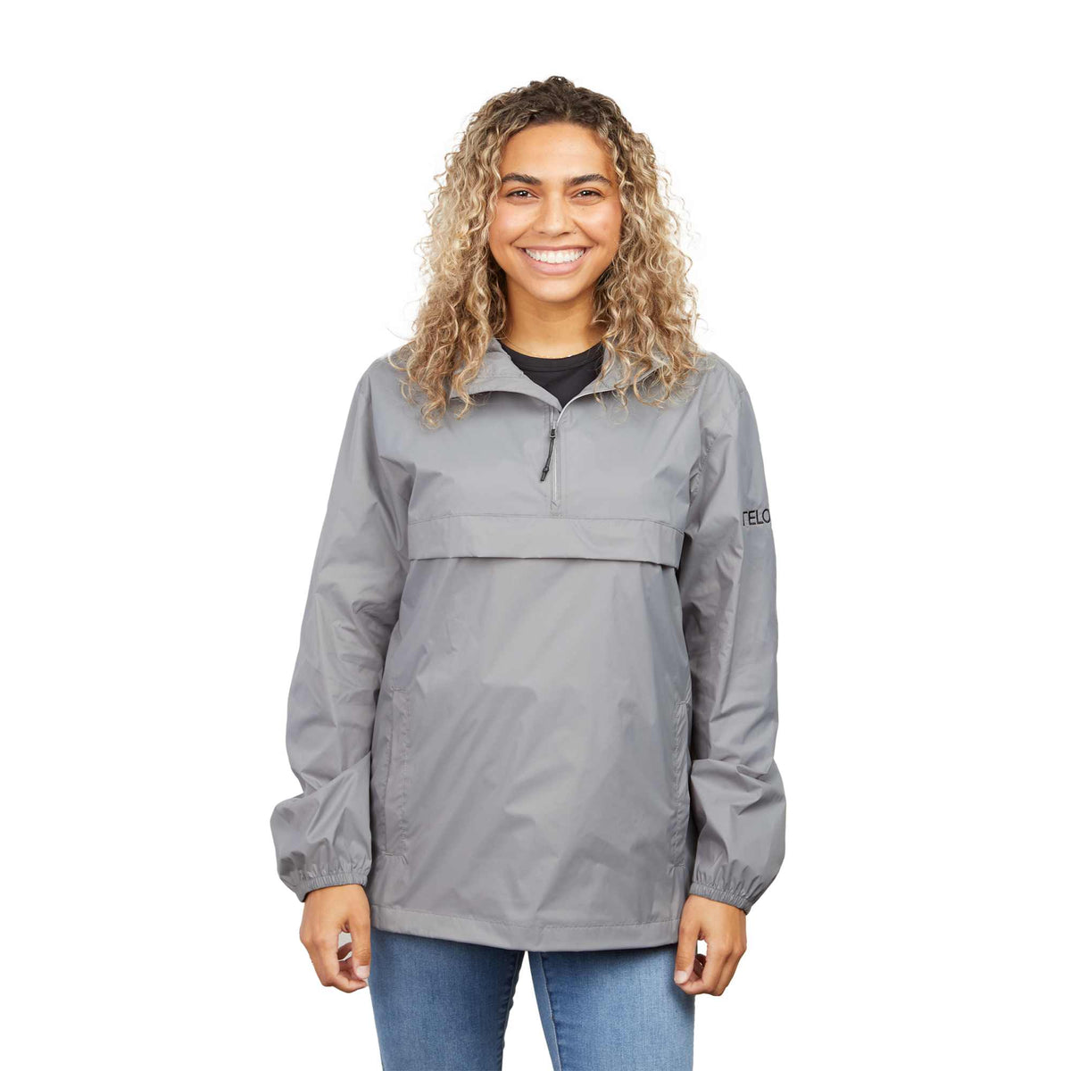 Avas Packable Quarter Zip Anorak in Recycled Nylon, Unisex Debossing - Quarry - Front On Model 2