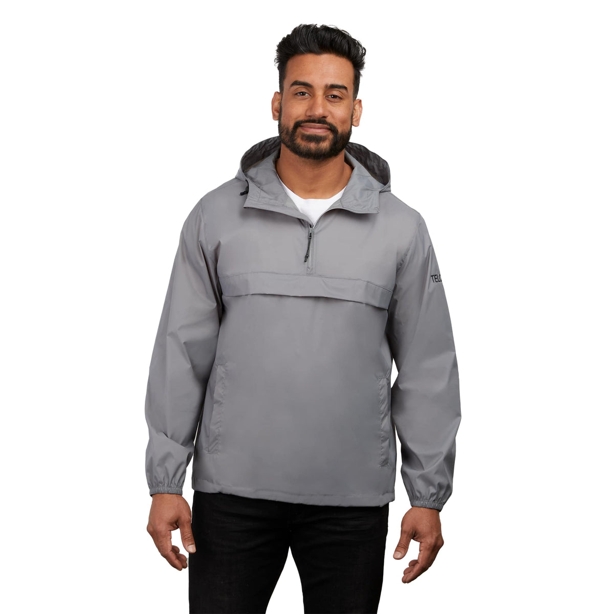 Avas Packable Quarter Zip Anorak in Recycled Nylon, Unisex Debossing - Quarry - Front On Model
