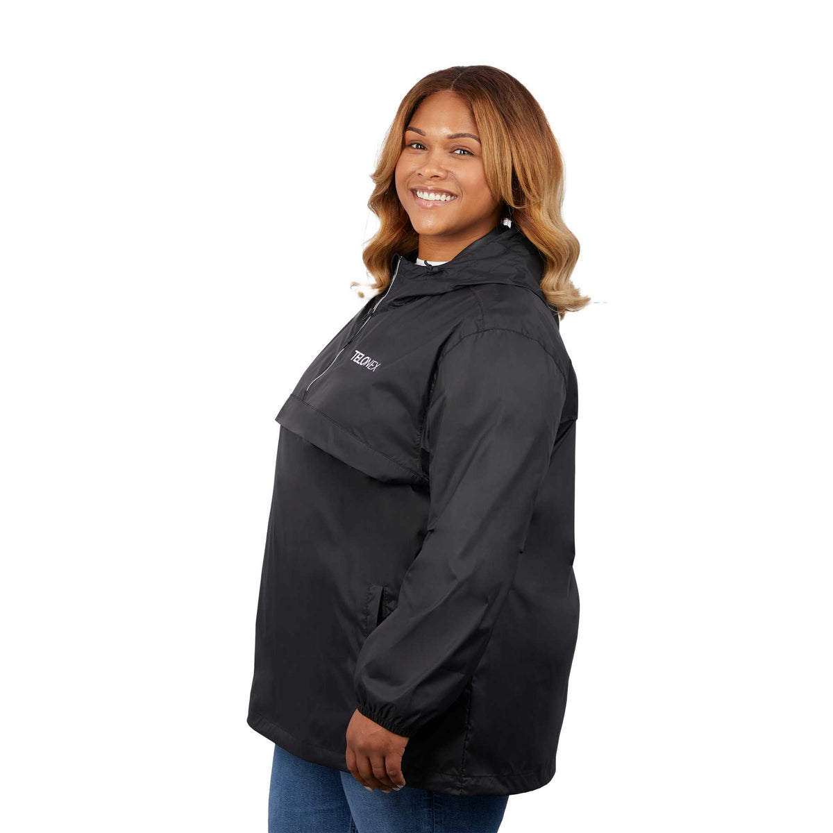 Avas Packable Quarter Zip Anorak in Recycled Nylon, Unisex Embroidery - Black - Left Side On Model