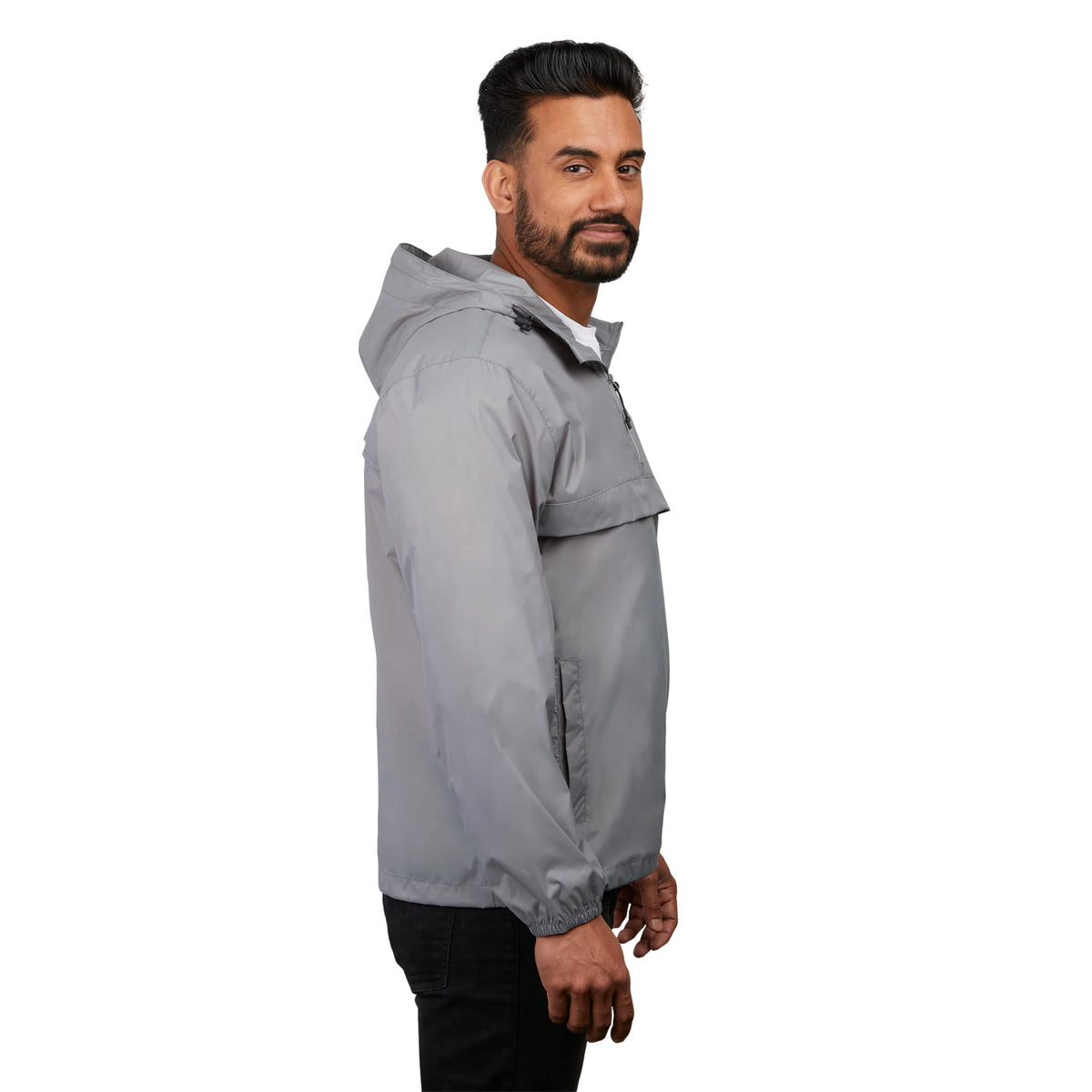 Avas Packable Quarter Zip Anorak in Recycled Nylon, Unisex Embroidery - Quarry - Right Side On Model