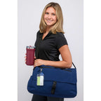 Avery Laptop Messenger Bag in Recycled Crinkle Fabric, 15 Inches Embroidery - Navy - On Model