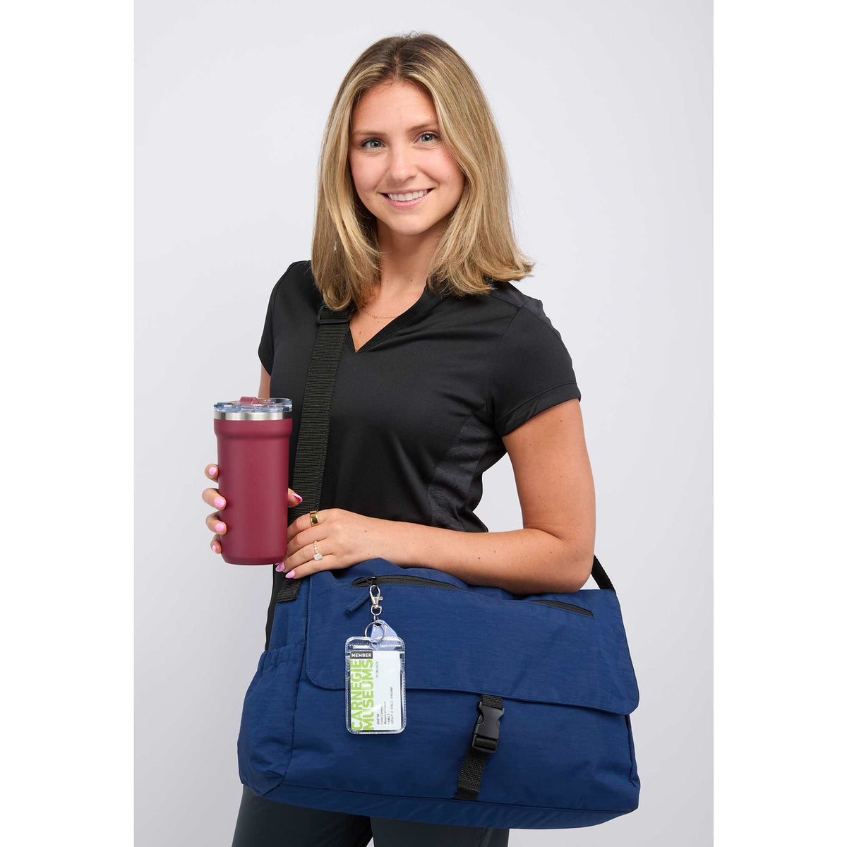 Avery Laptop Messenger Bag in Recycled Crinkle Fabric, 15 Inches Transfer - Navy - On Model 2