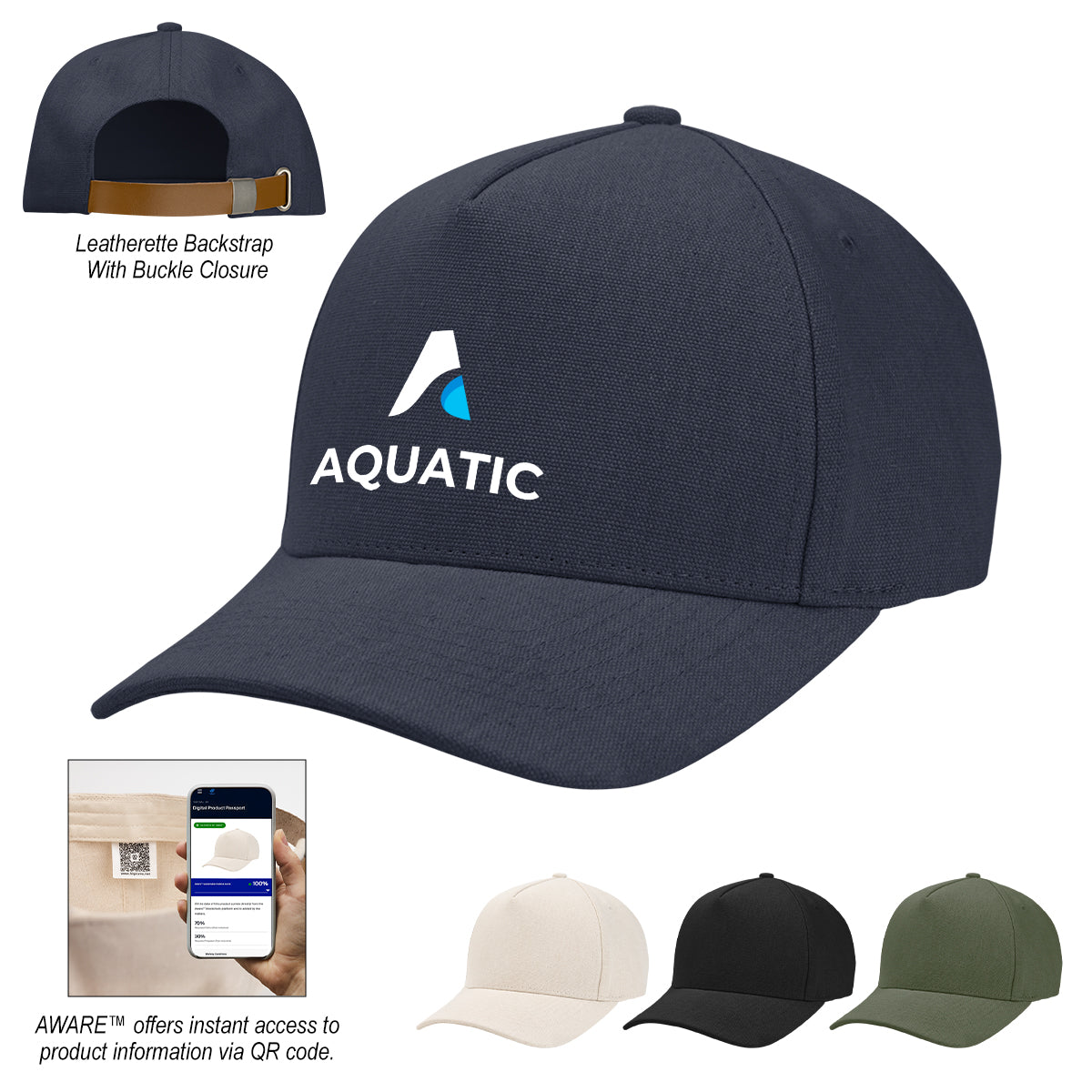 Aware Recycled Cotton Cap with a Leatherette Backstrap Embroidery