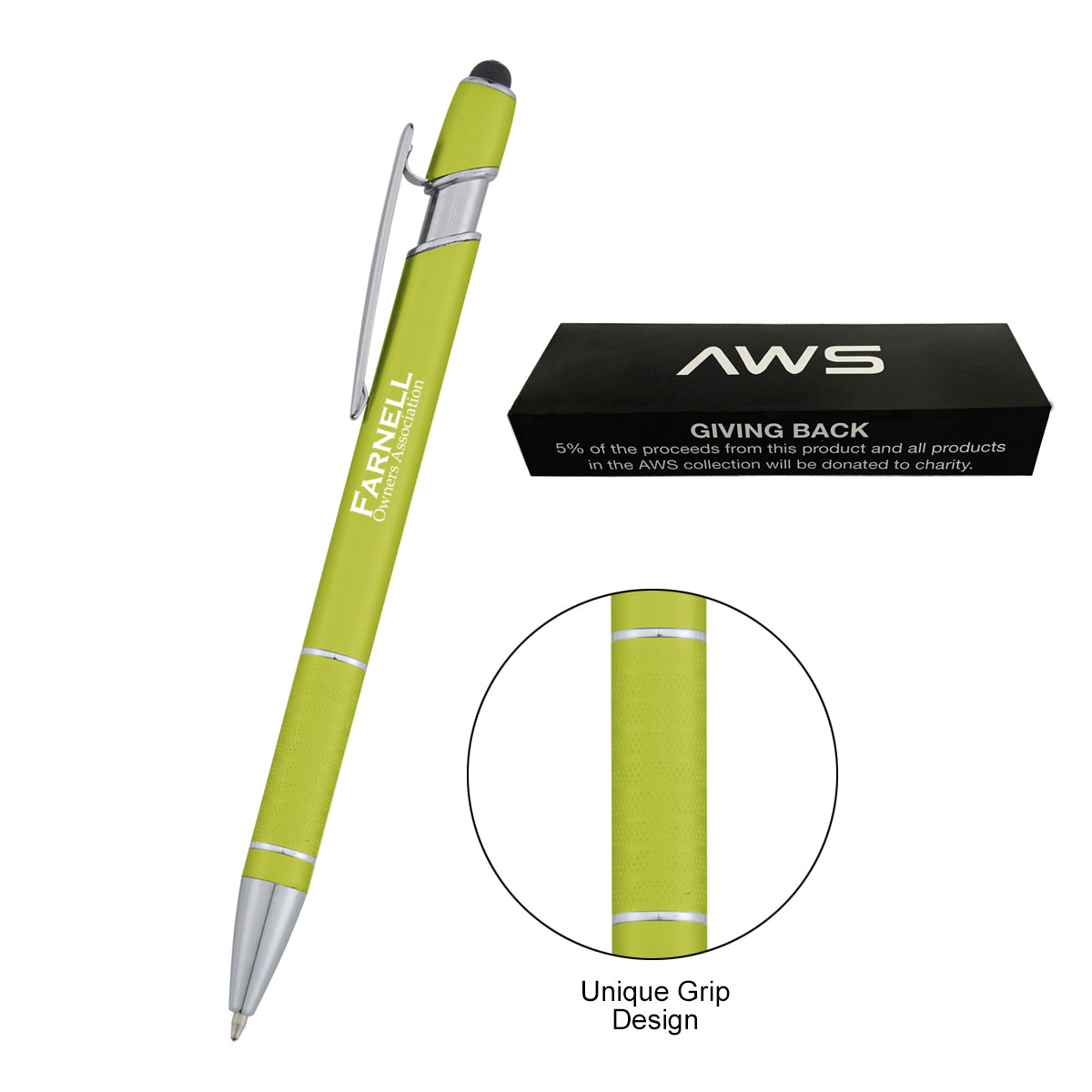 AWS Varsi Incline Pen with Stylus - Lime Green - Silk Screen