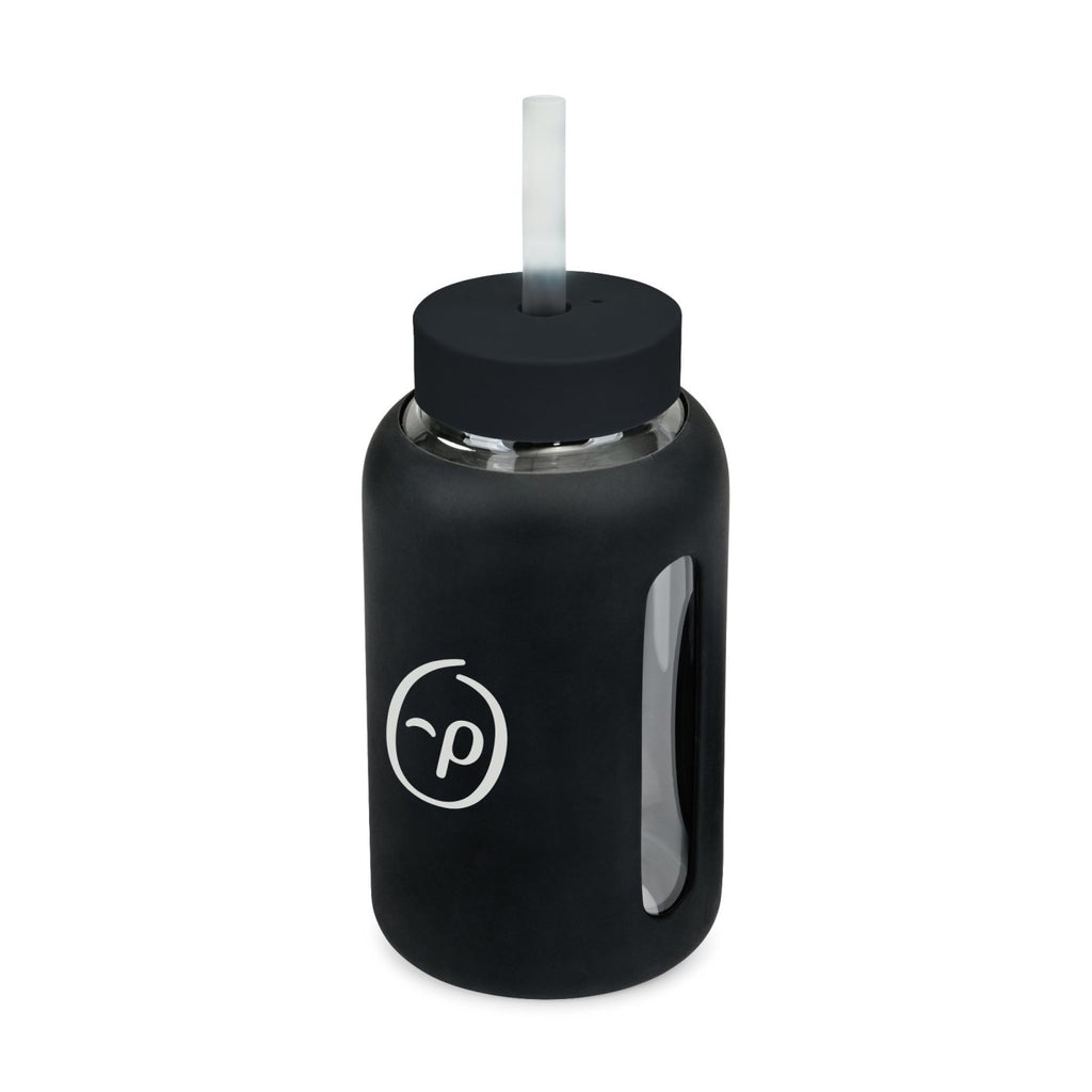 Axis Glass Water Bottle with Straw Lid, 21 oz Laser Engraving - Black - View 2