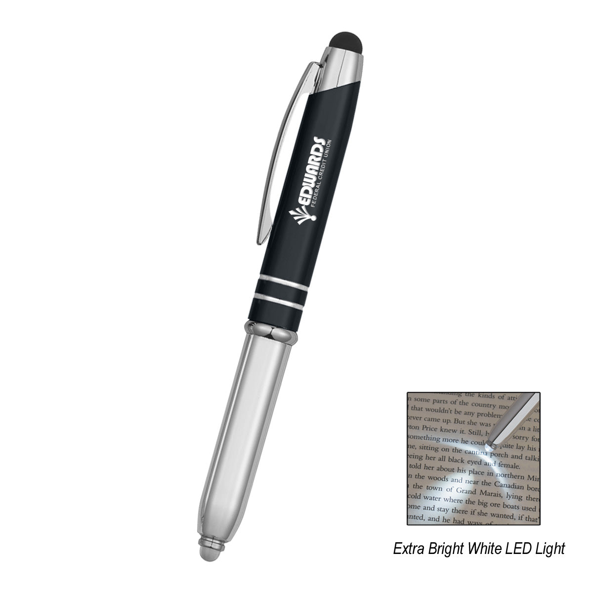 Ballpoint Pen with Stylus and Light - Black - Laser Engraving