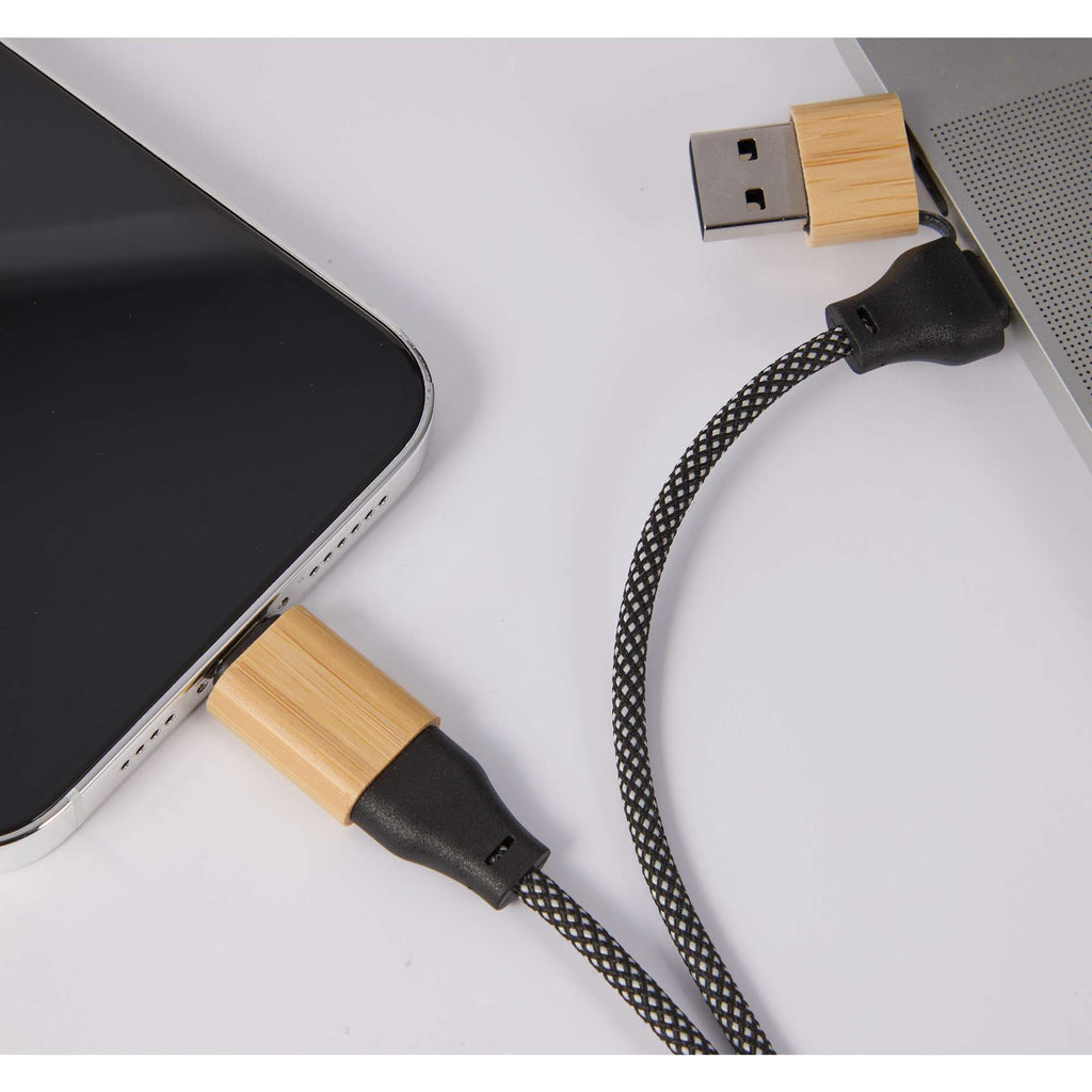 Bamboo 5-in-1 Laptop Charging Cable, 100W Laser Engraving - Natural - Detail 3