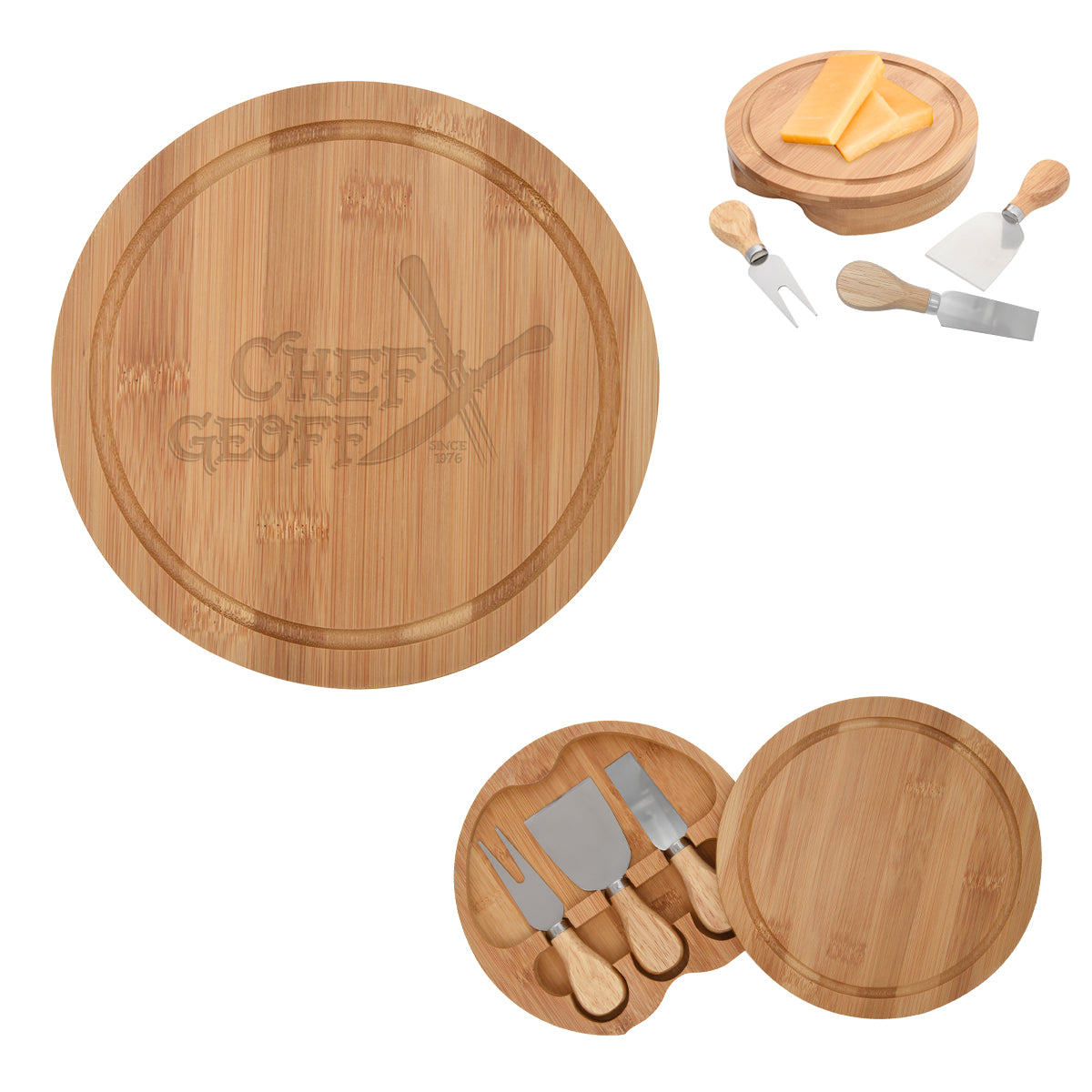 Bamboo Cheese Server Kit, Three Piece - Woodtone - Laser Engraving