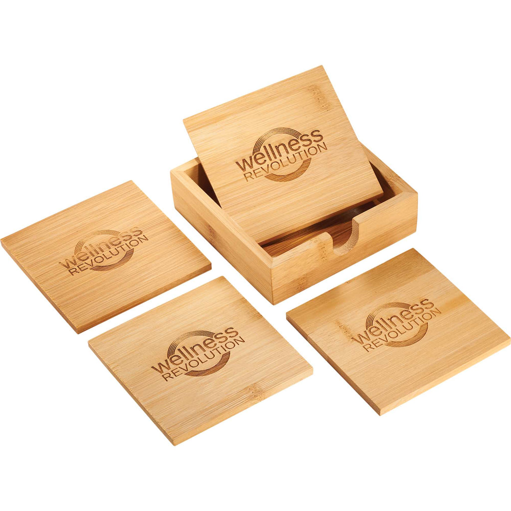 Bamboo Coasters with Caddy, Set of 4 Laser Engraving - Natural - Photo