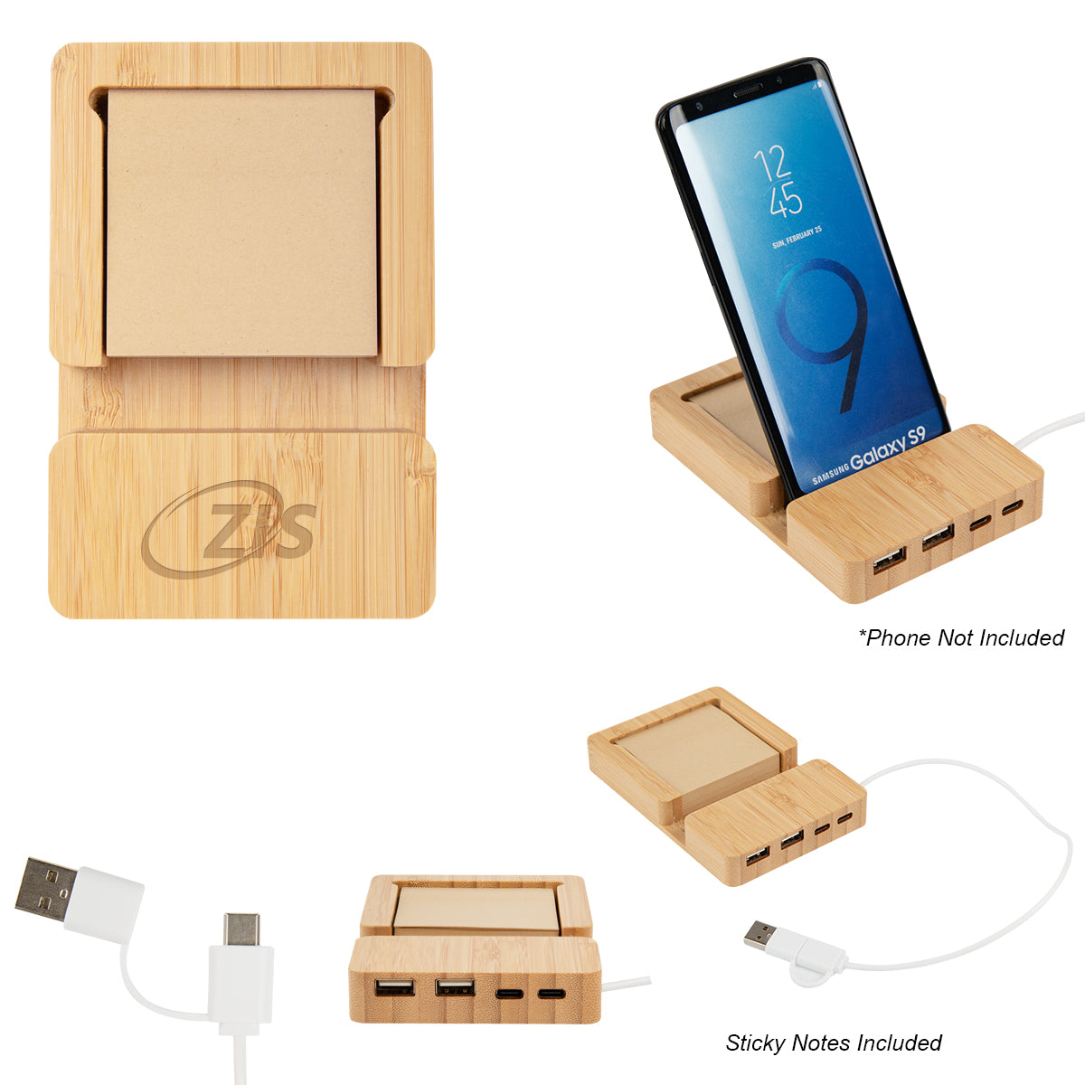 Bamboo Multi-Port Hub with Phone Holder and Sticky Notes - Bamboo - Laser Engraving