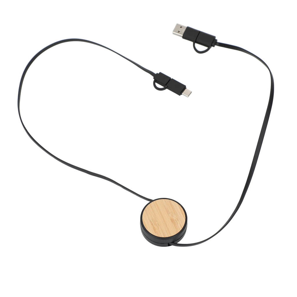 Bamboo Retractable 5-in-1 Charging Cable - Black - Left Angle 2