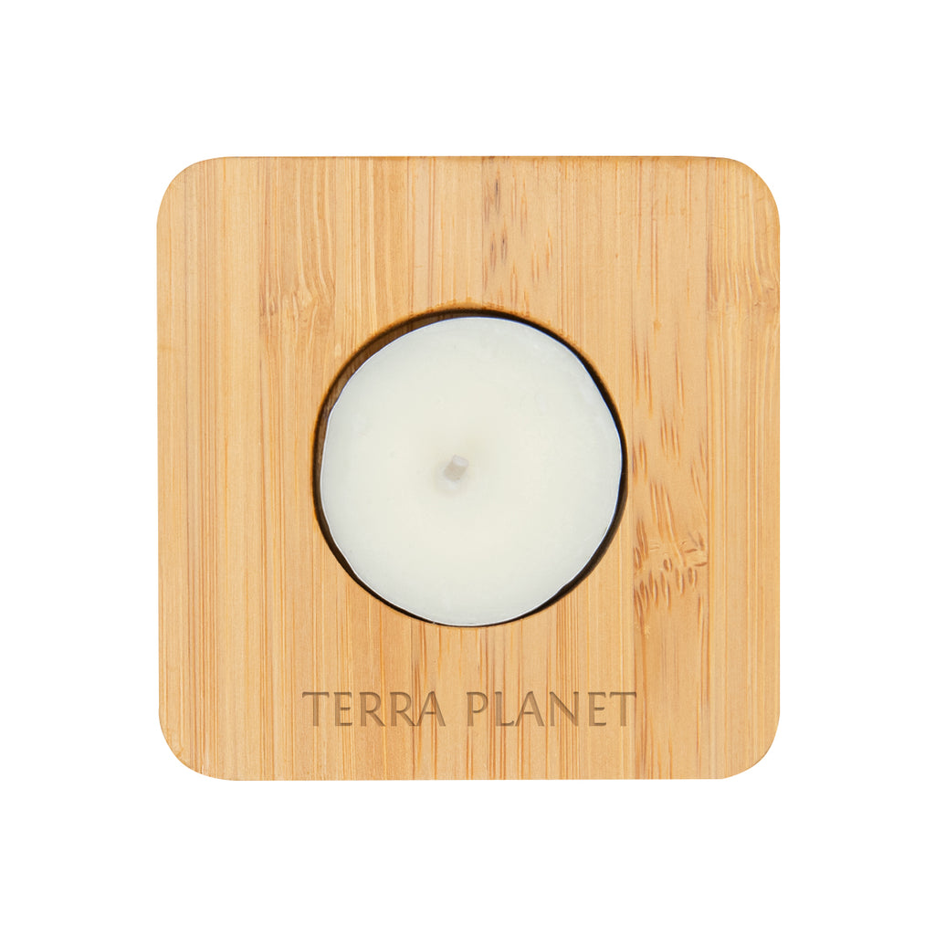 Bamboo Tea Light Holder with Candle - Natural - Laser Engraving