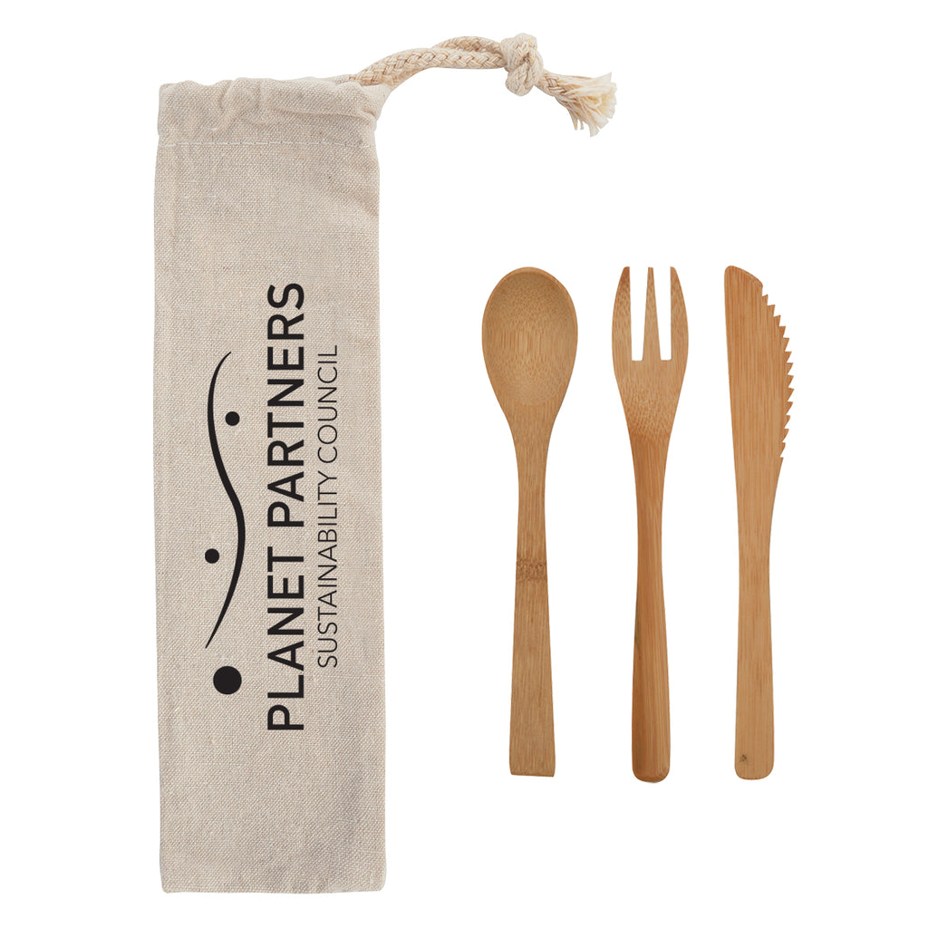 Bamboo Utensil Set in a Travel Pouch, Three Piece - Natural - Silk Screen
