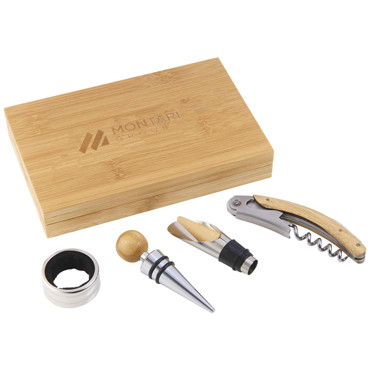 Bamboo Wine Accessory Gift Set, 4 Pieces Laser Engraving - Natural - Front 3