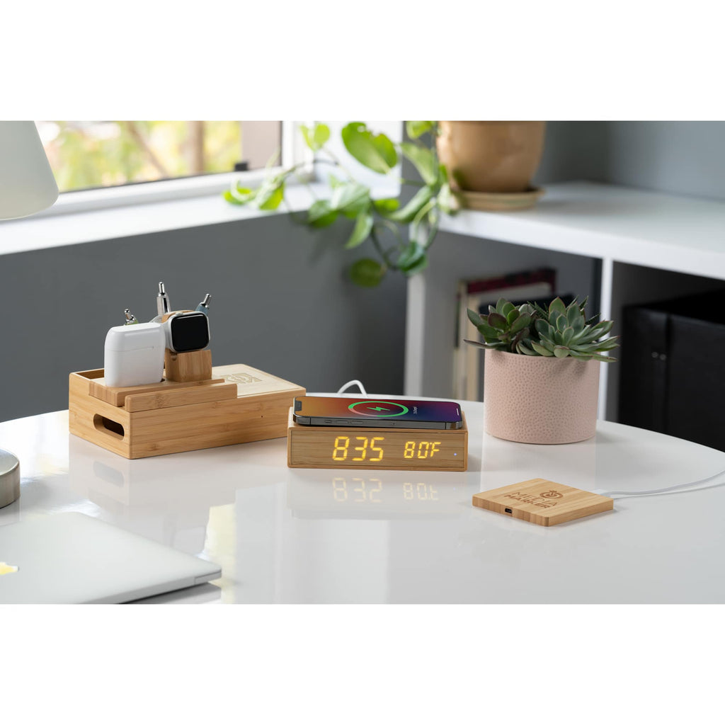 Bamboo Wireless Charging Pad with Two USB Ports Laser Engraving - Natural - Front Bamboo