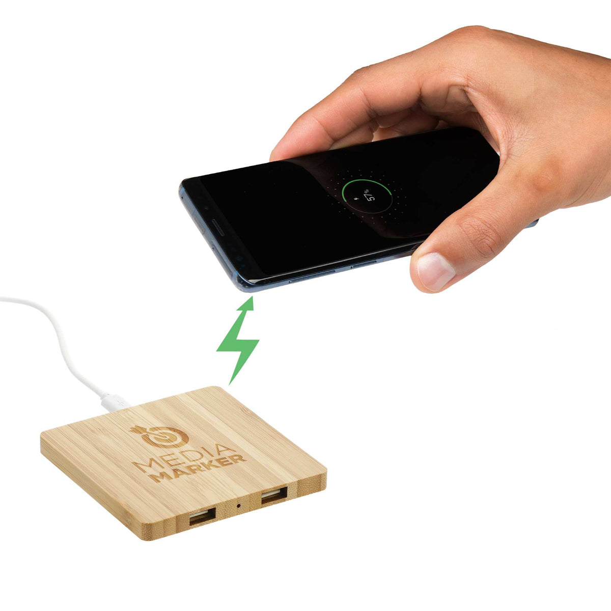 Bamboo Wireless Charging Pad with Two USB Ports Laser Engraving - Natural - Right Angle 4