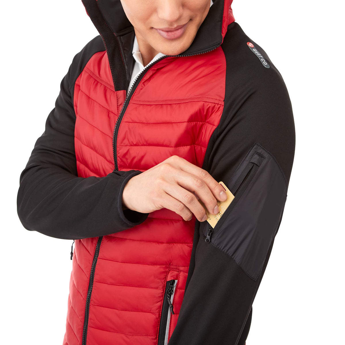Banff Hybrid Quilted Puffer Jacket for Men Debossing - Team Red/Black - On Model 2