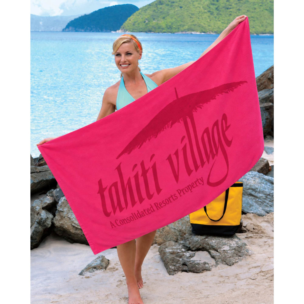 Basic Weight Cotton Beach Towel in Colors, 30 x 60 Inches - Fuchsia - Front