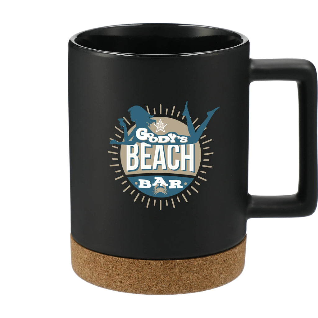 Bates Ceramic Mug with Cork Base, 15 oz - Black - Front