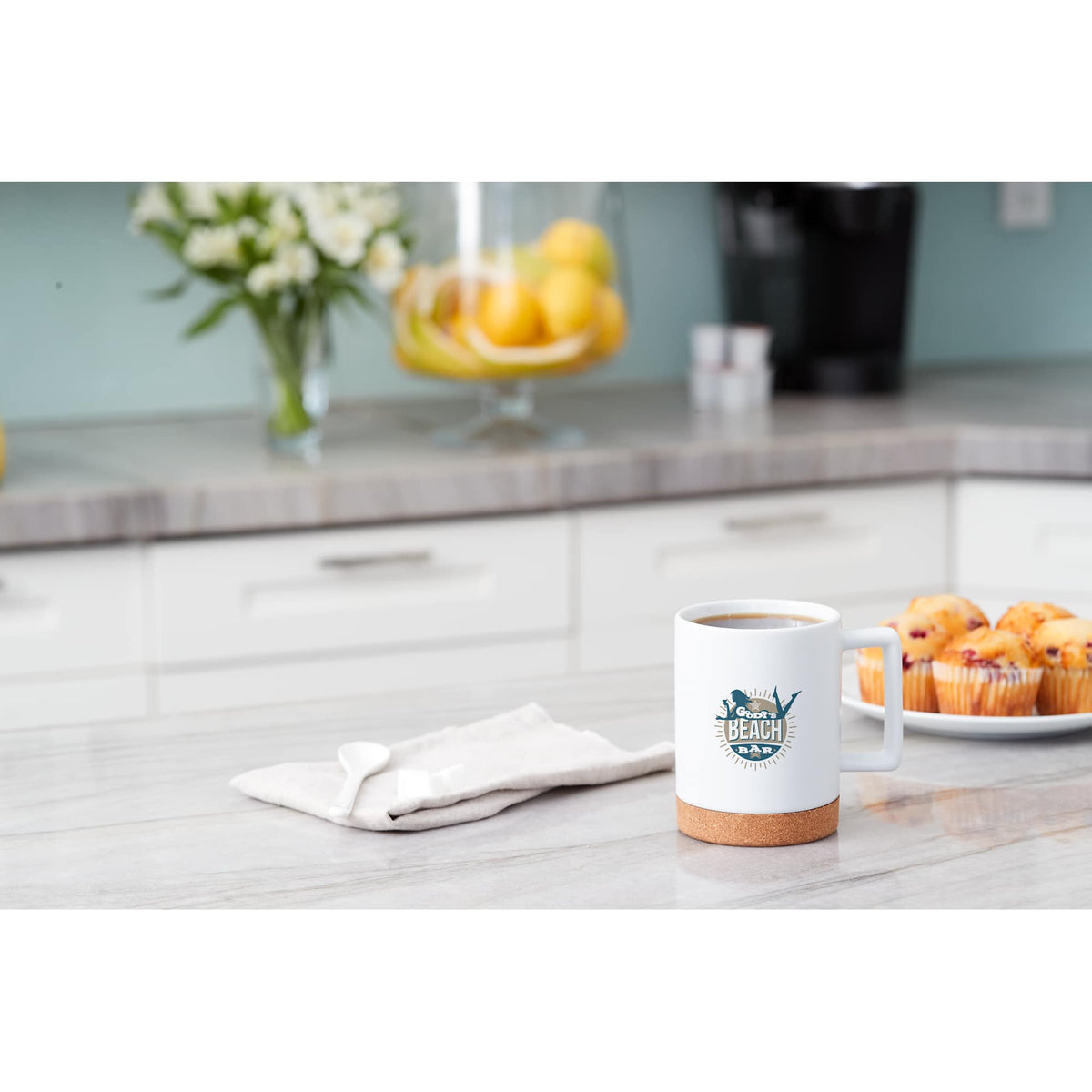 Bates Ceramic Mug with Cork Base, 15 oz Laser Engraving - White - Front