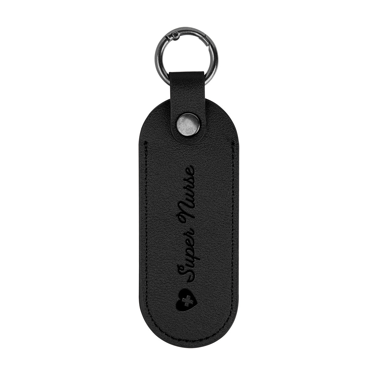 Bates Key Tag on a Carabiner, Leatherette - Black - Debossing