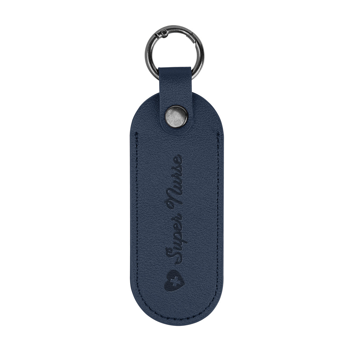 Bates Key Tag on a Carabiner, Leatherette - Navy - Debossing