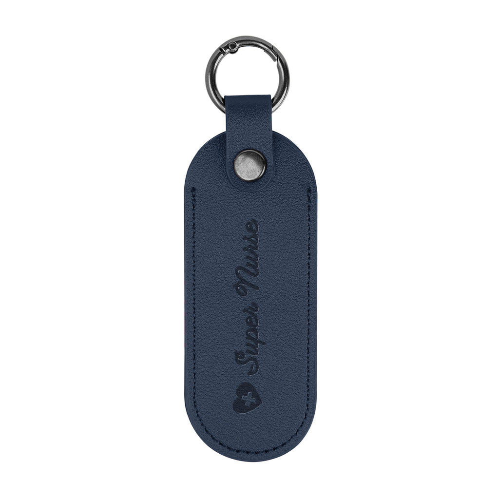 Bates Key Tag on a Carabiner, Leatherette - Navy - Debossing