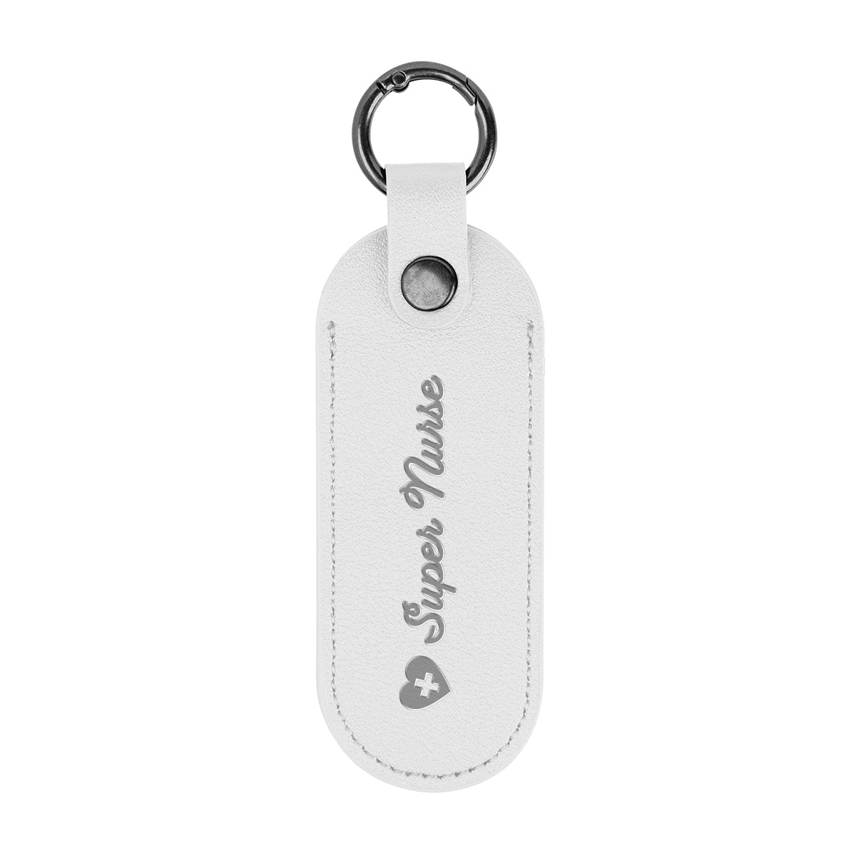 Bates Key Tag on a Carabiner, Leatherette - White - Debossing