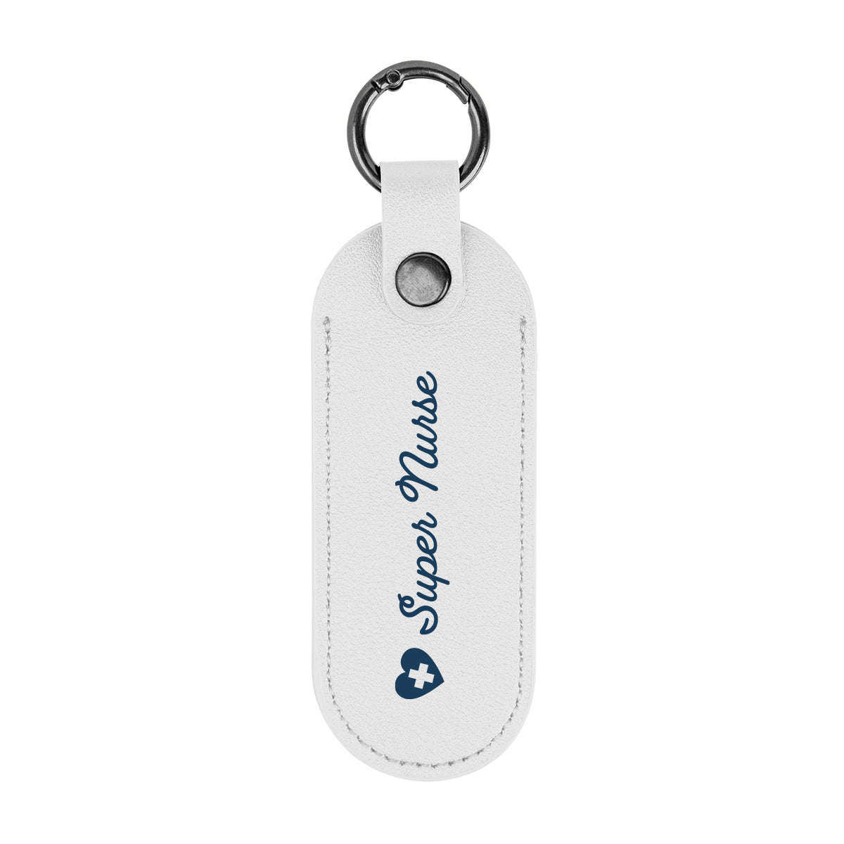 Bates Key Tag on a Carabiner, Leatherette - White - Silk Screen