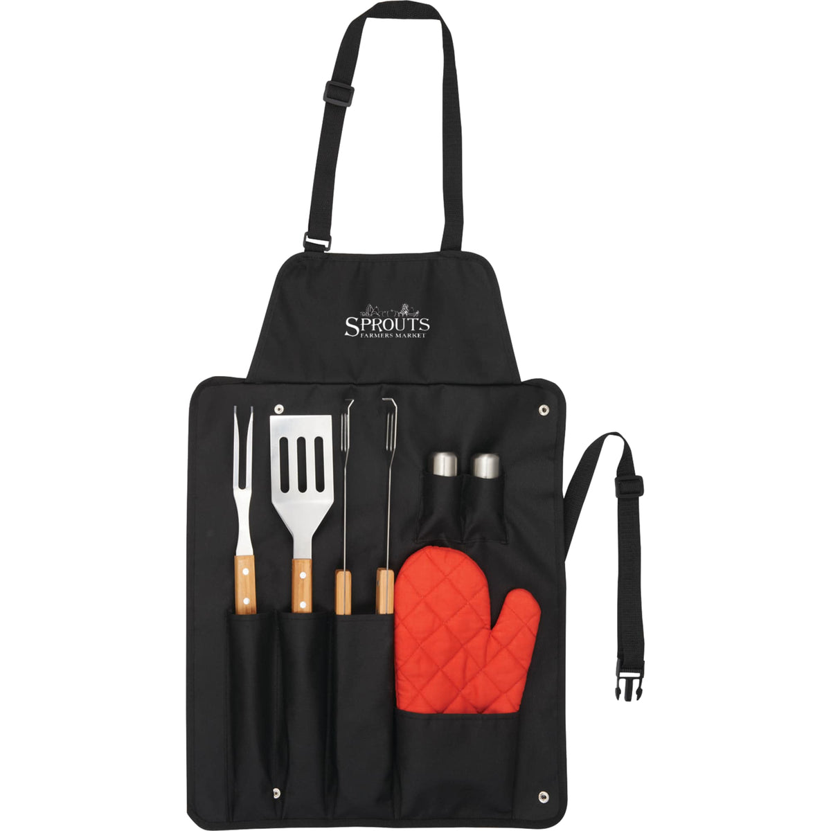 BBQ Apron and Grill Tool Set, 7 Pieces - Black - Front