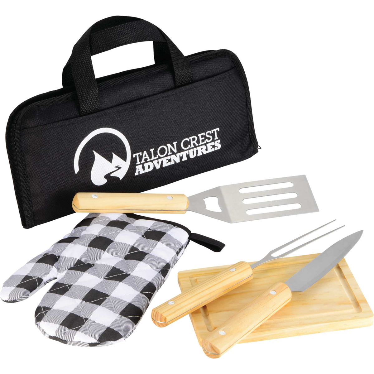 BBQ Set with Cutting Board and Plaid Mitt, 5 Pieces - Black - Front